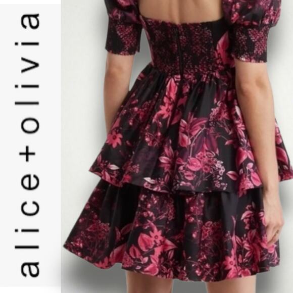 ALICE + OLIVIA EMMALOU FLORAL PRINT COTTON FAILLE MINI DRESS PINK BLACK MEDIUM 6 - Picture 3 of 14